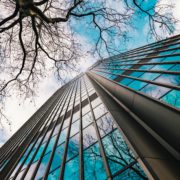 Bâtiment contemporain avec ciel bleu et arbre hivernal